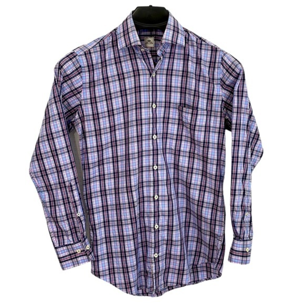 Peter Millar men's Small long sleeve blue, white & pink‎ plaid shirt. EUC